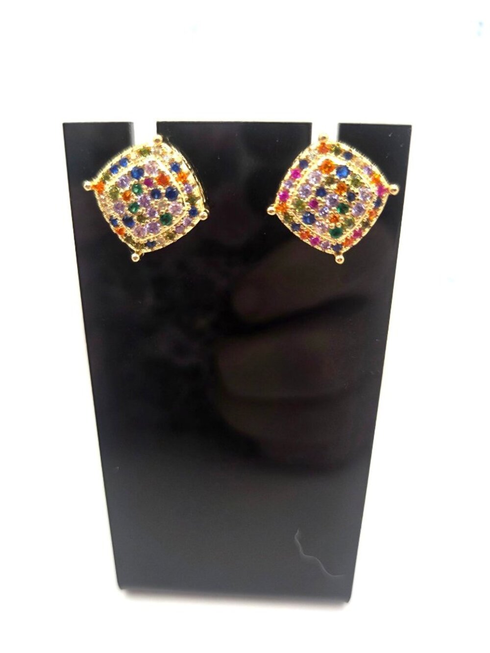 Colorful Rhinestone Gold-Tone Square Clip-On Earrings Multicolor